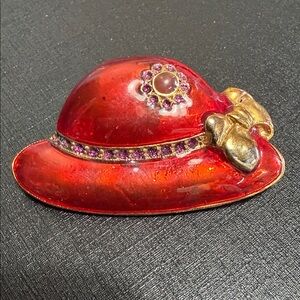 Elegant Red Hat Brooch with Gold and Purple Accents